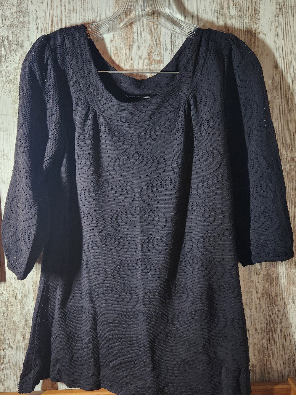 H&M Black Textured Scoop Neck Eyelet Tunic Blouse Puff Sleeve Size Small